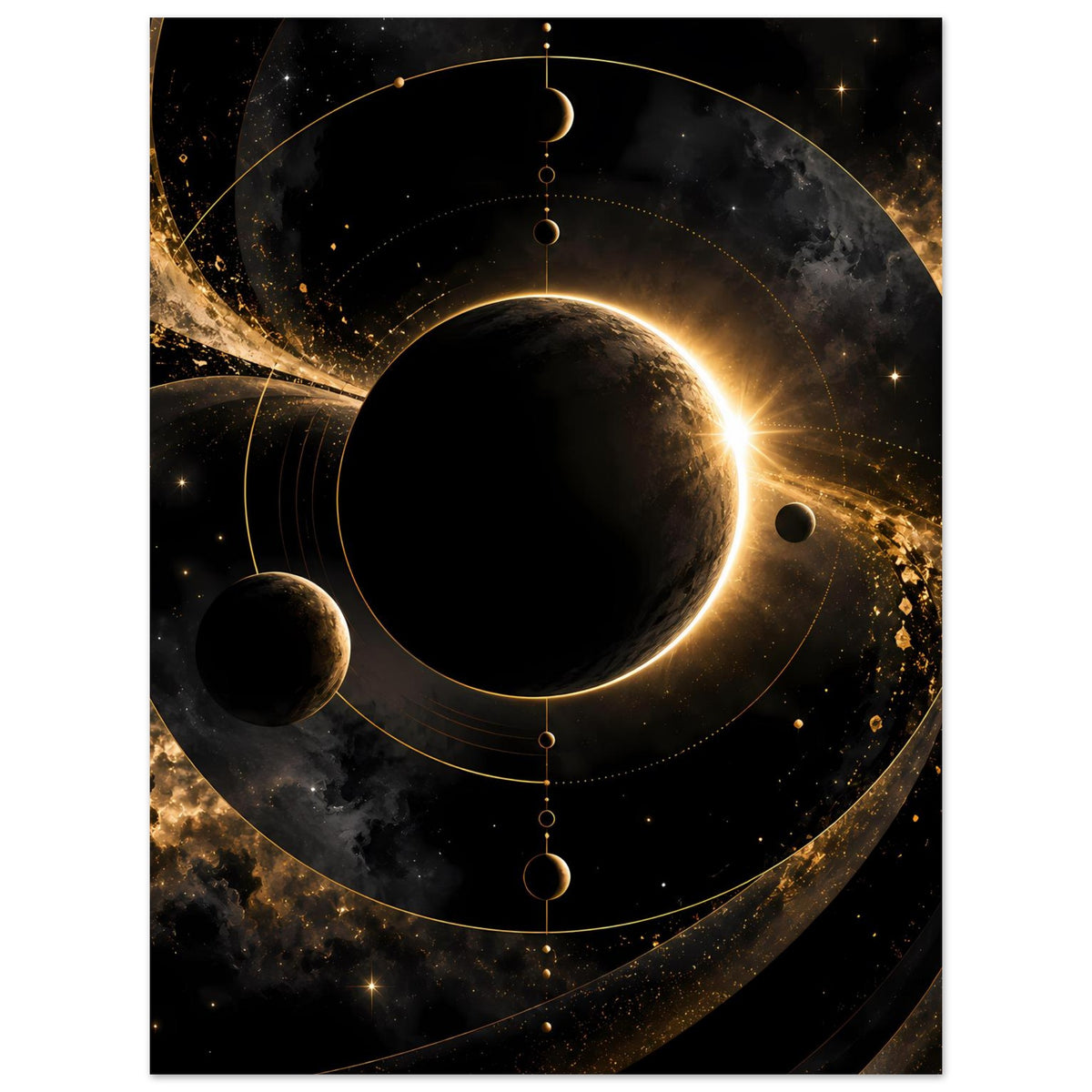 Weltraum-Poster: großer schwarzer Planet mit goldener Lichtspur und umlaufenden Ringen