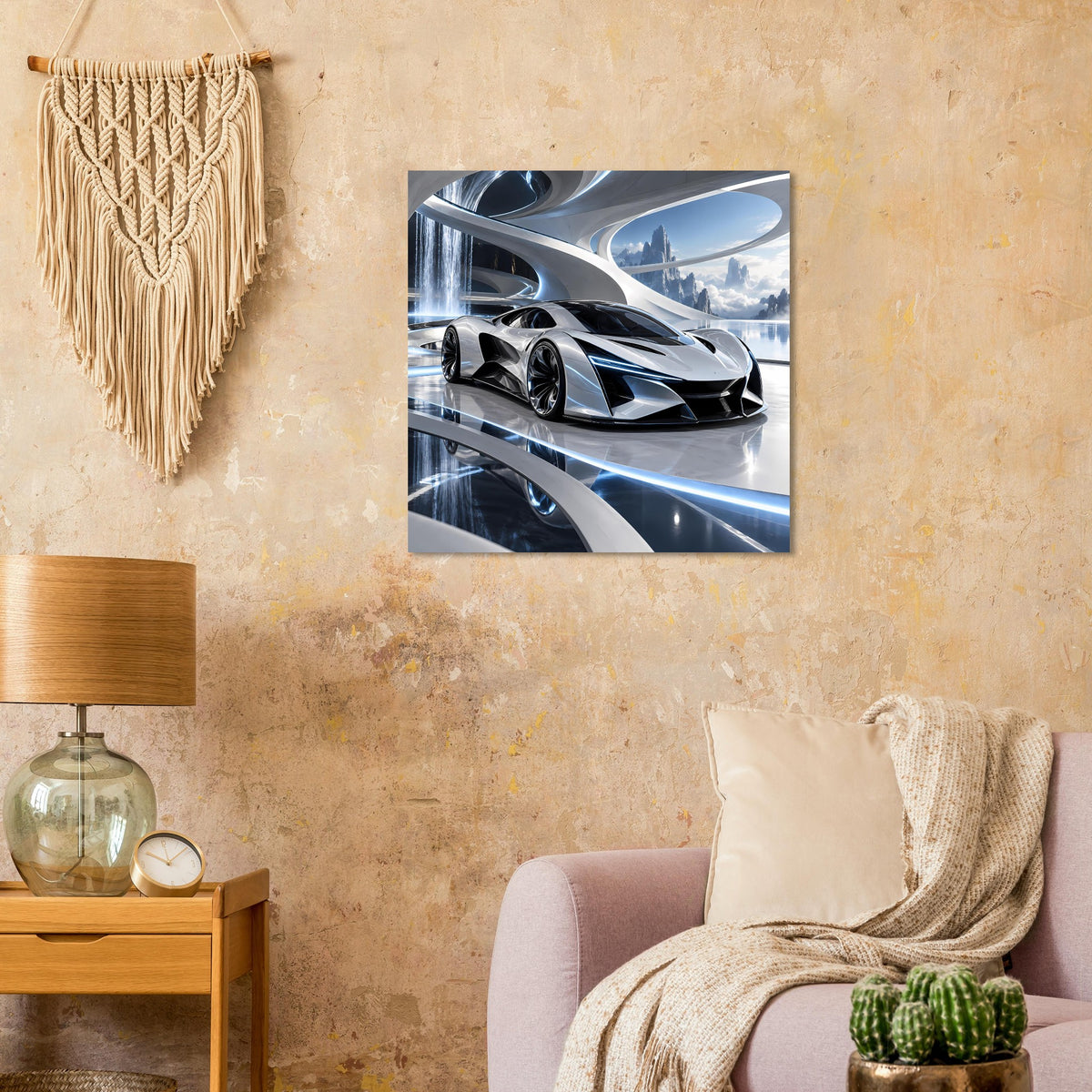 Quadratisches Poster mit silbernem Supersportwagen, futuristischem Design und Reflexionslinien