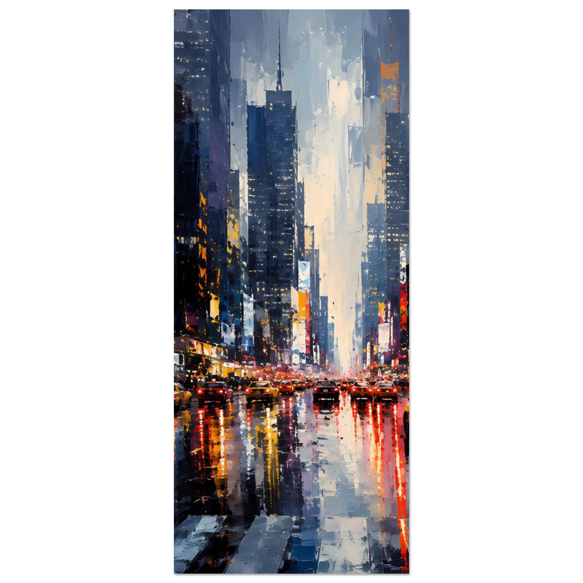 Stadtposter im Hochformat mit nasser Straße, reflektierenden Lichtern und Hochhäusern