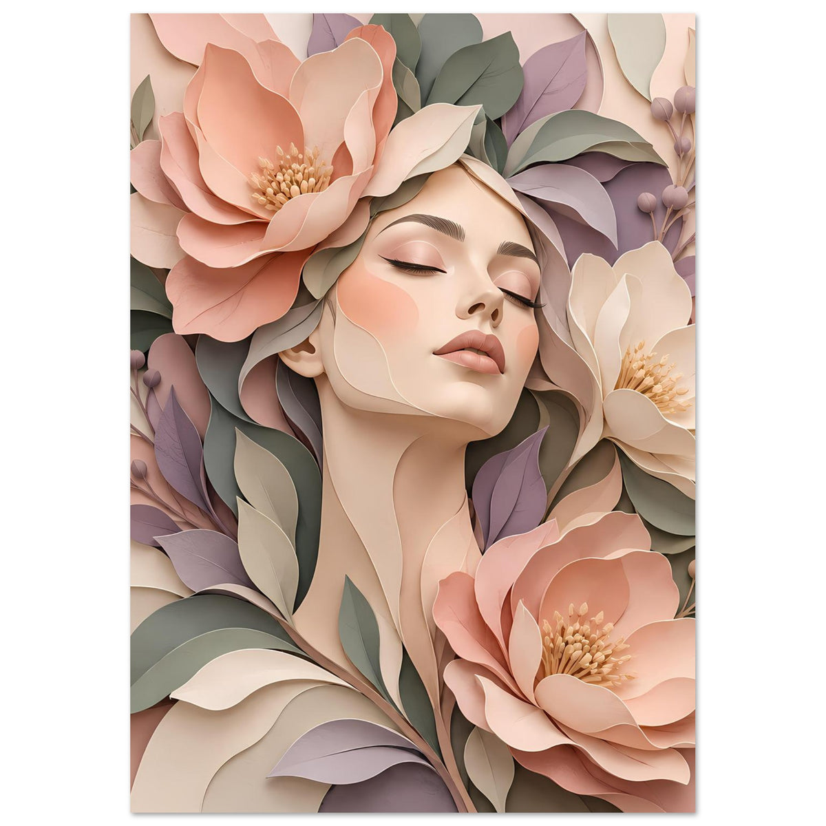 Florales Portraitposter im Hochformat mit Frauenkopf und geschlossenen Augen, umgeben von Blüten