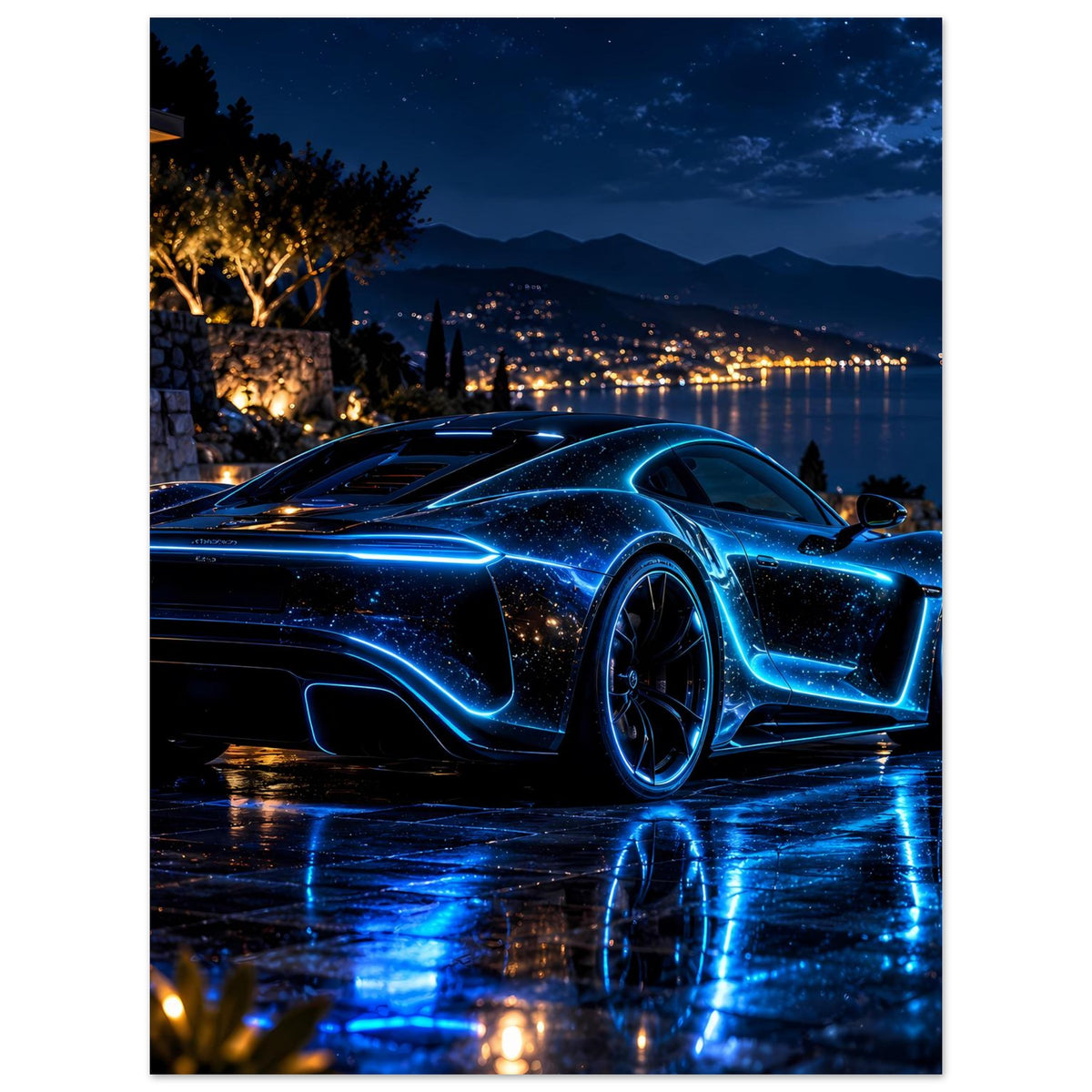 Neon-blaues Poster: Sportwagen bei Nacht, Vorderseite und Straße mit Spiegelung