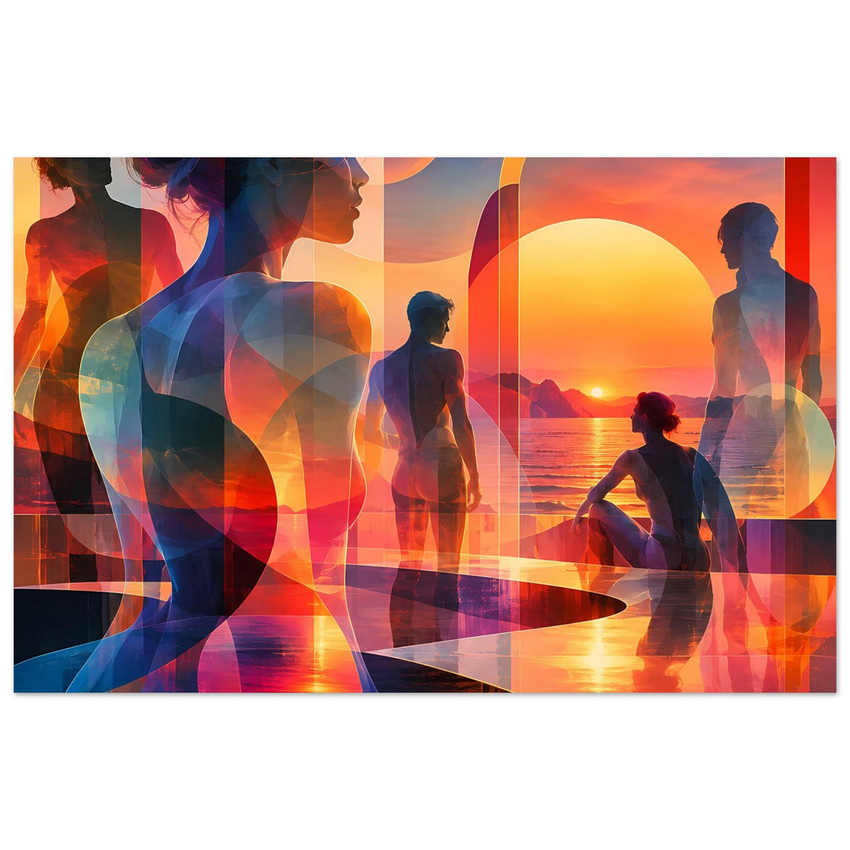 Gerahmtes Kunstposter, abstrakter Sonnenuntergang mit Silhouetten, orange und blau, Panorama