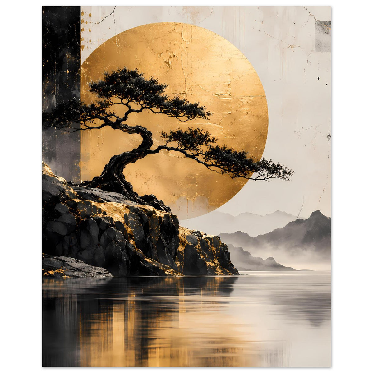 Poster mit Bonsai-Baum in Schwarz, goldener Kreisfläche, Felsenrand und ruhiger Wasseroberfläche