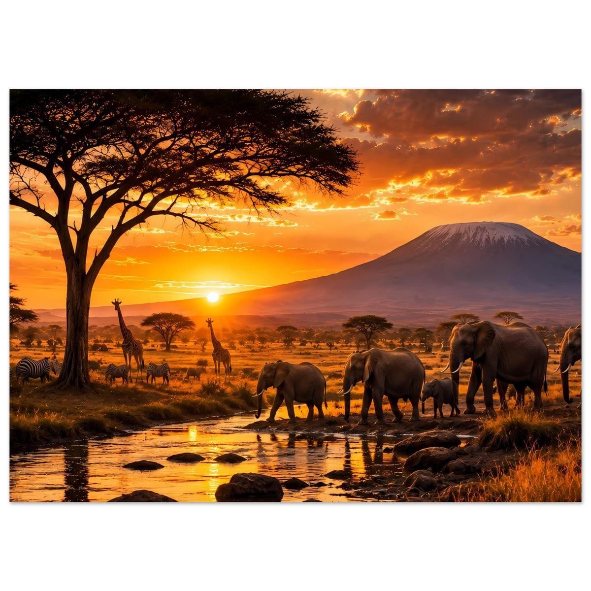 Poster: Blick auf Elefanten und Giraffenherd in der Savanne mit aufgehender Sonne
