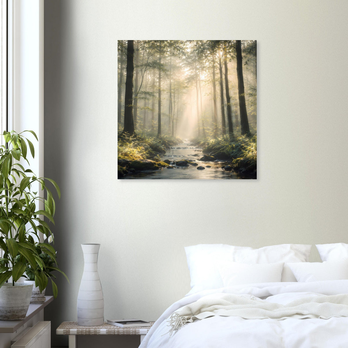 Natur-Poster Waldlichtstrahlen über Bach, quadratischer Druck im Rahmen
