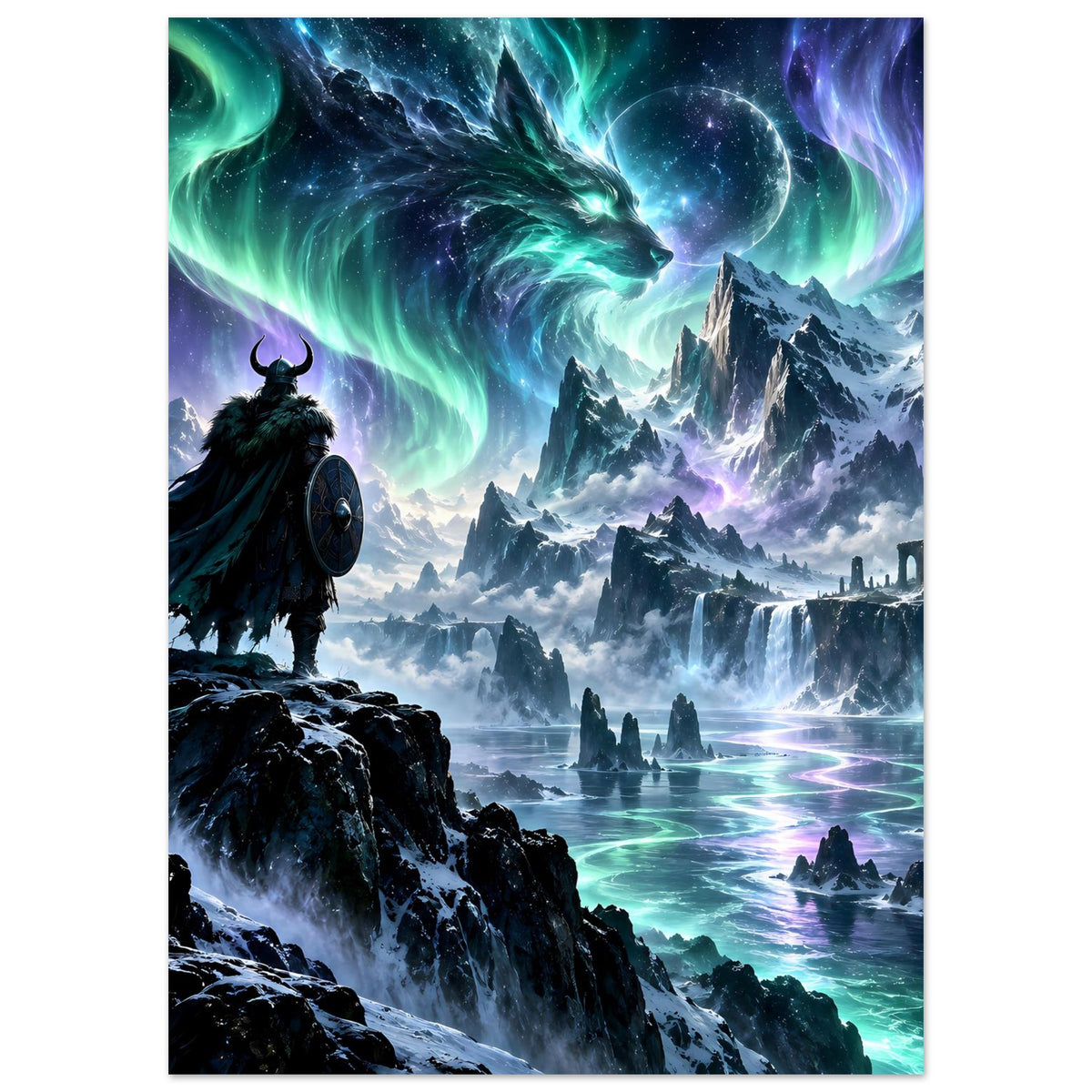 Fantasy-Poster: Drachenkopf über einer Festungslandschaft und türkis leuchtendem Wasser