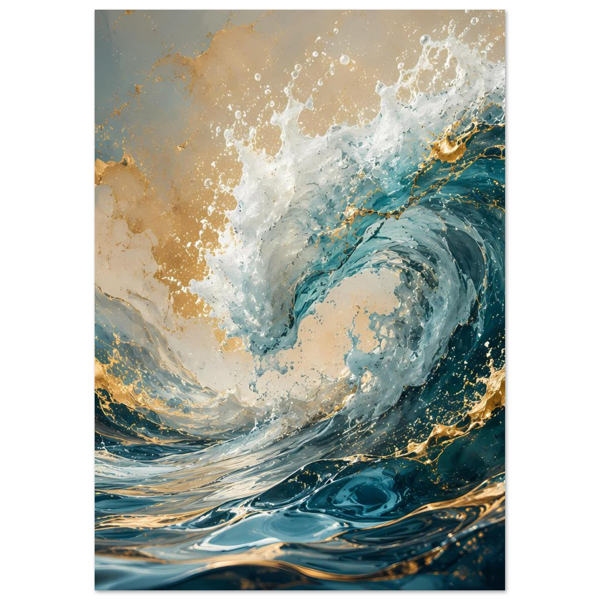 Abstraktes Poster, türkis-dunkelblaue Welle mit weißem Schaum und goldenen Schimmerakzenten