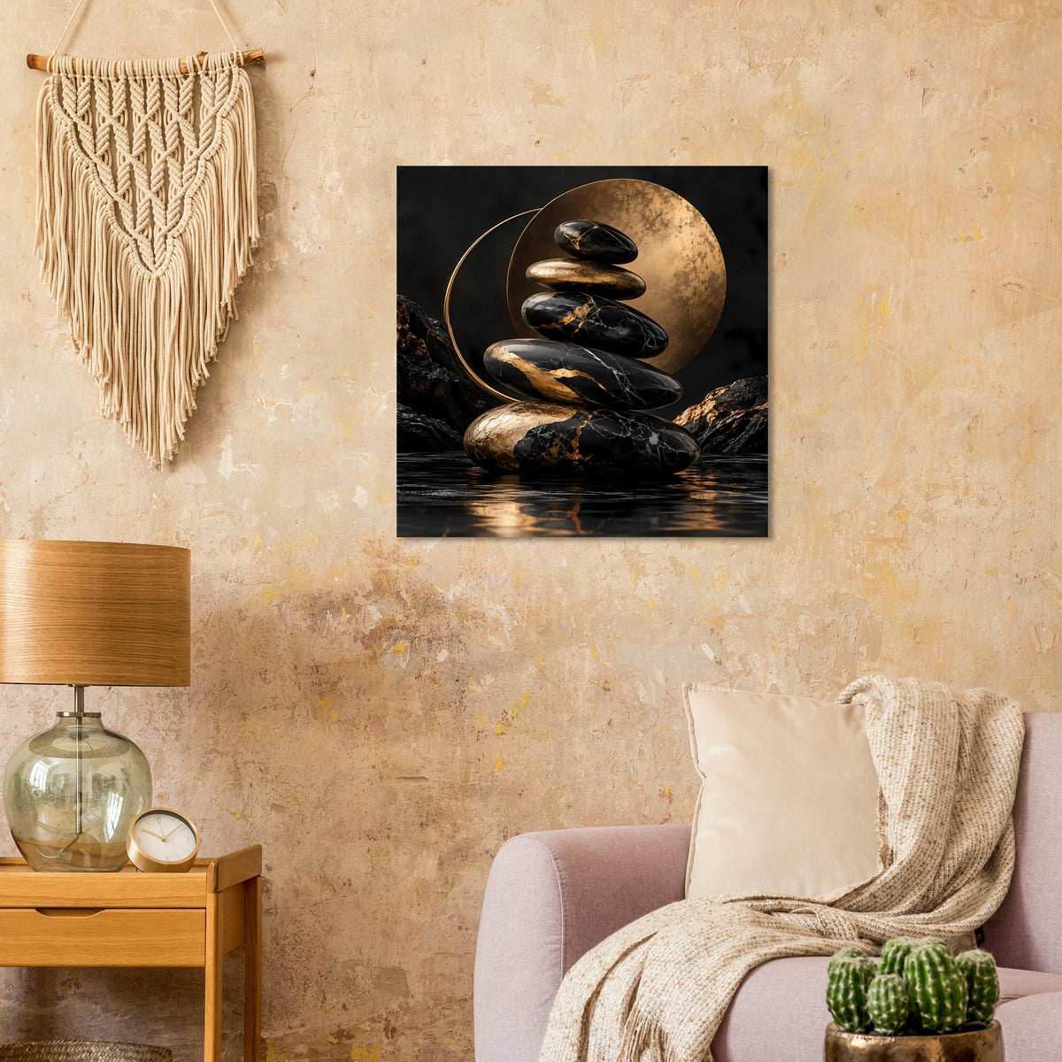 Zen-Stein-Poster: schwarze Steine übereinander, goldene Kugel im Hintergrund