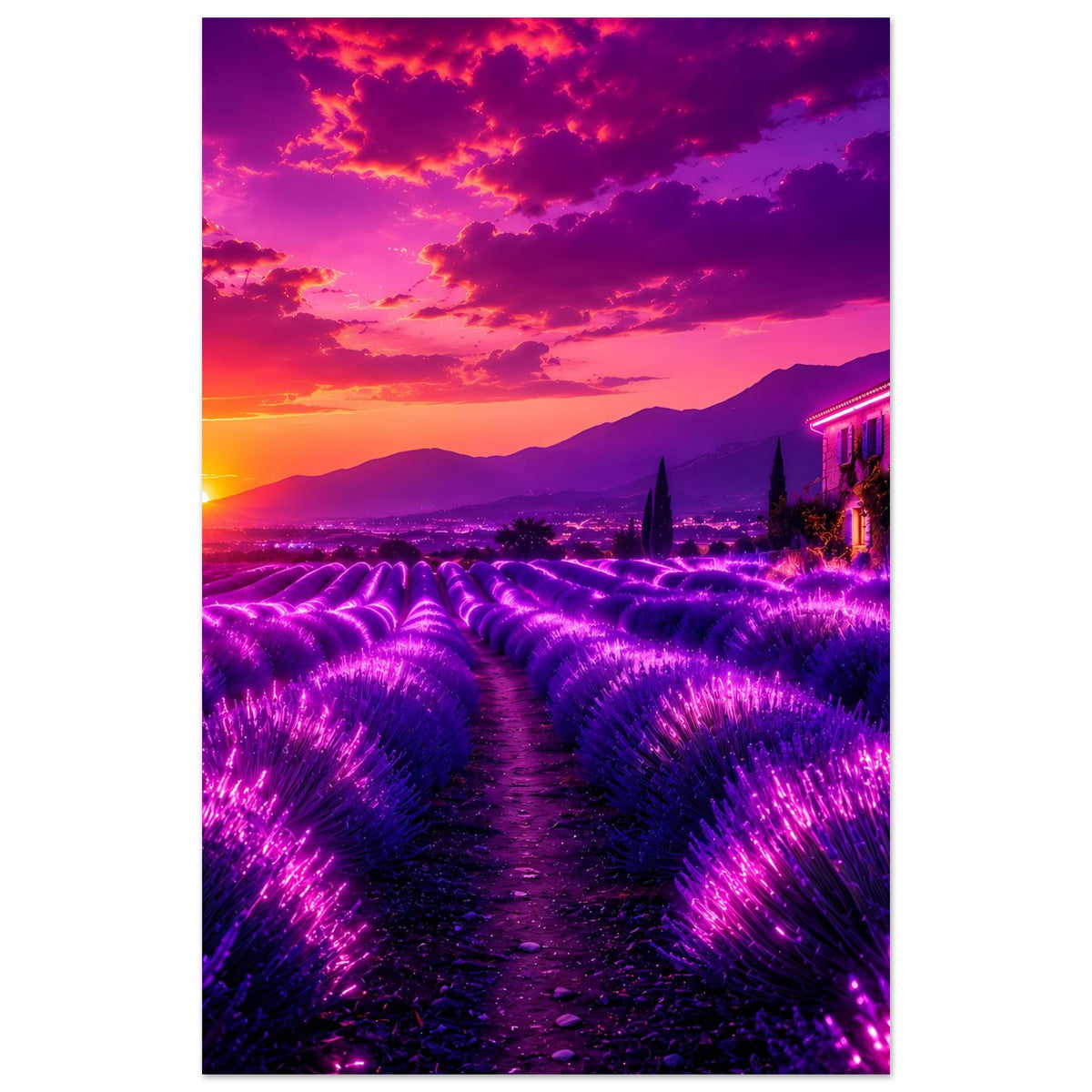 Premium-Poster (Hochformat) mit leuchtendem Lavendelfeld, violetter Blütenpracht