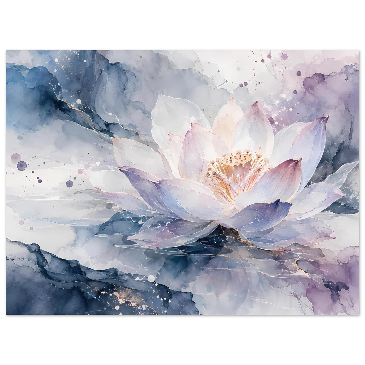Horizontales Blumenposter mit Lotusblüte in Pastellfarben, umgeben von blau-lila Wolkenlinien