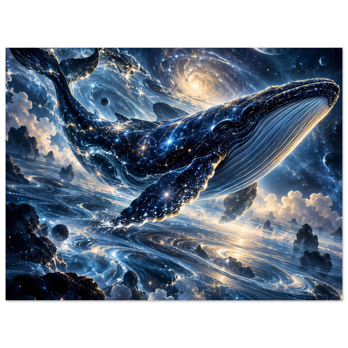 Horizontales Poster: Sternwal mit tiefblauem Meer, Sonne im Hintergrund und Planeten