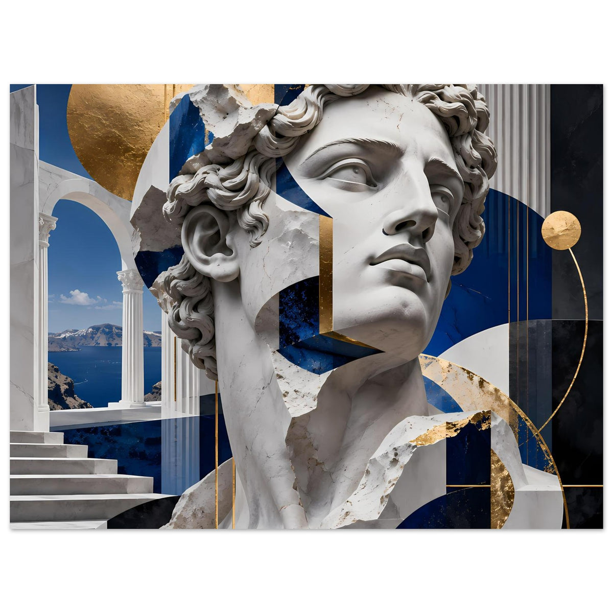Poster mit Marmorskulptur-Porträt, blau-goldene Geometrie und goldene Linien