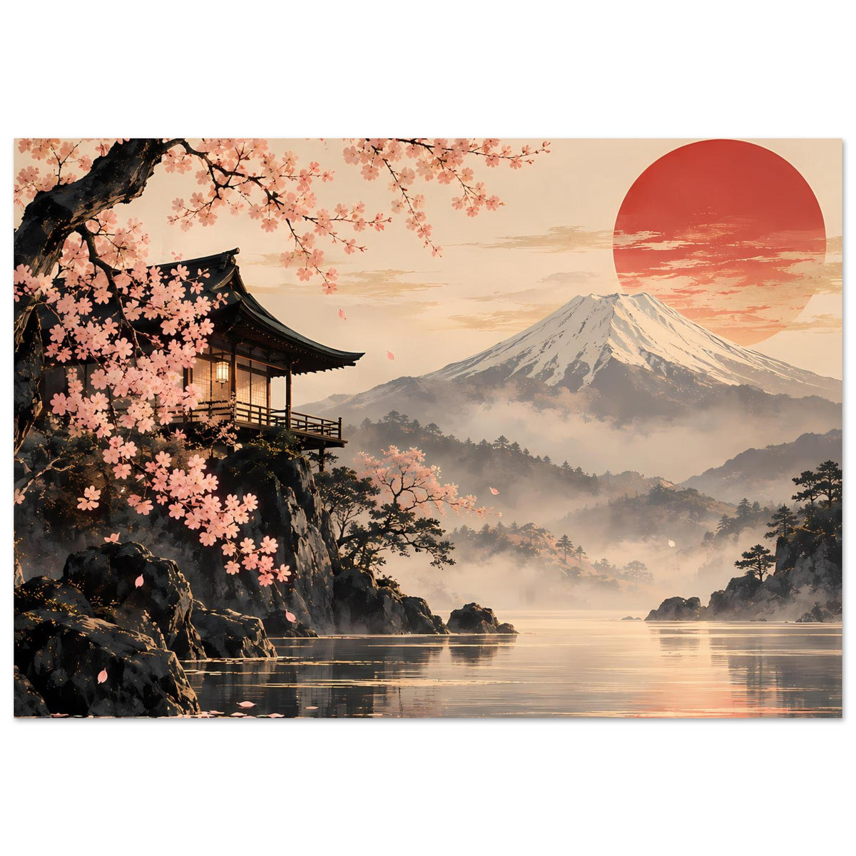 Wandposter im Querformat mit Kirschblüten, japanischem Gebäude, Mount Fuji und rotem Sonnenkreis