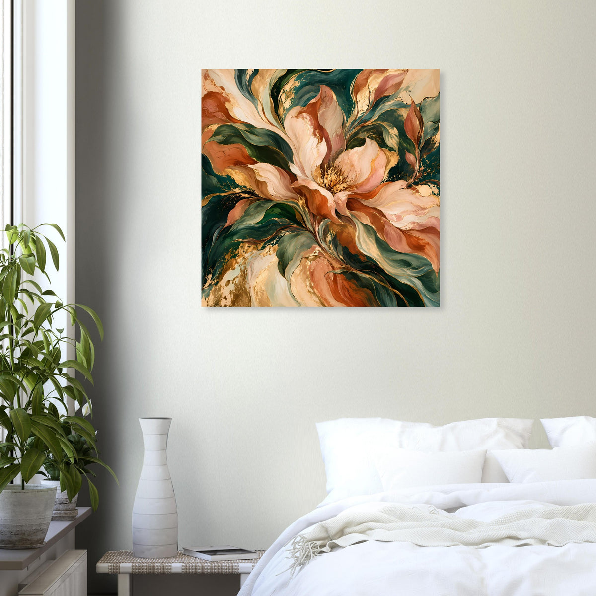 Kleines Blumenposter mit warmen Pfirsichblüten und grünem Blattwerk