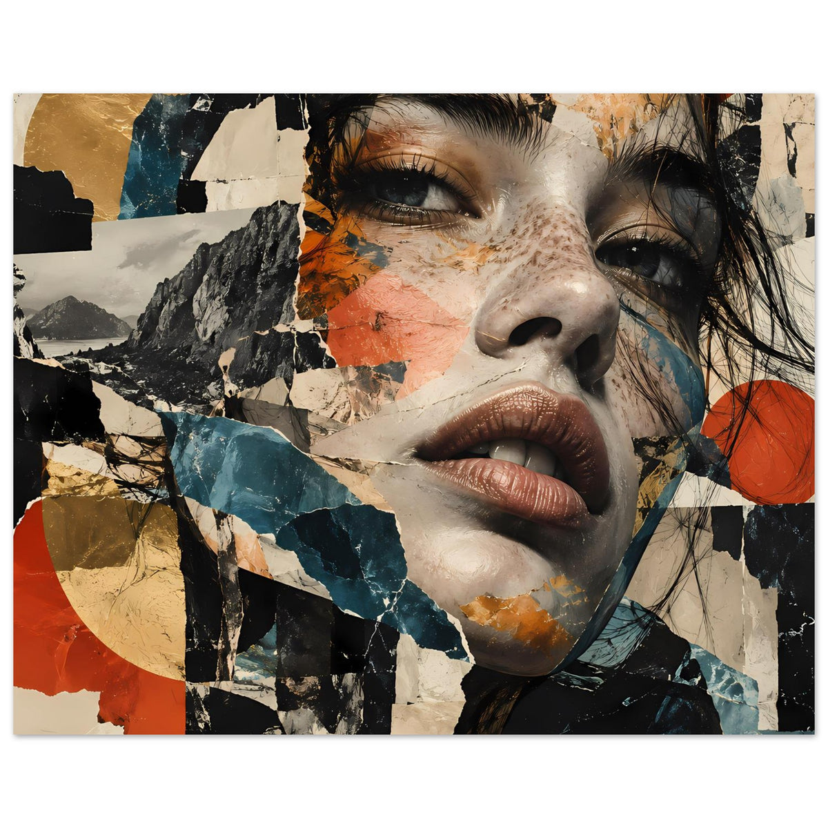 Abstraktes Poster im Querformat, Frauen-Gesicht-Collage mit kräftigen Blau- und Orangetönen