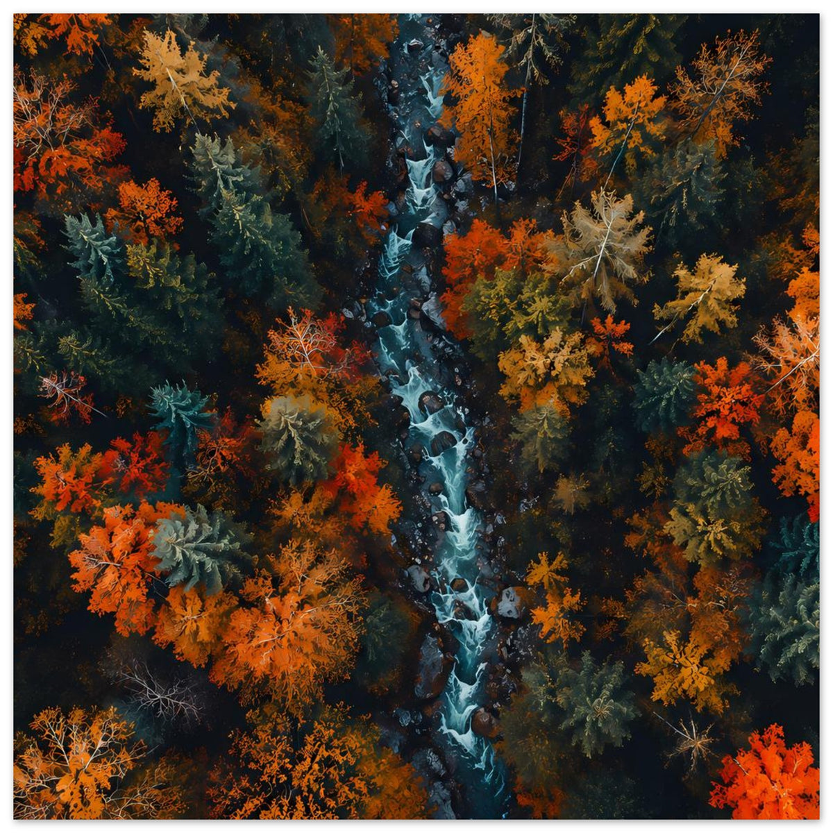 Gerahmtes vertikales Poster: Herbstwald mit blauem Bach und buntem Laub