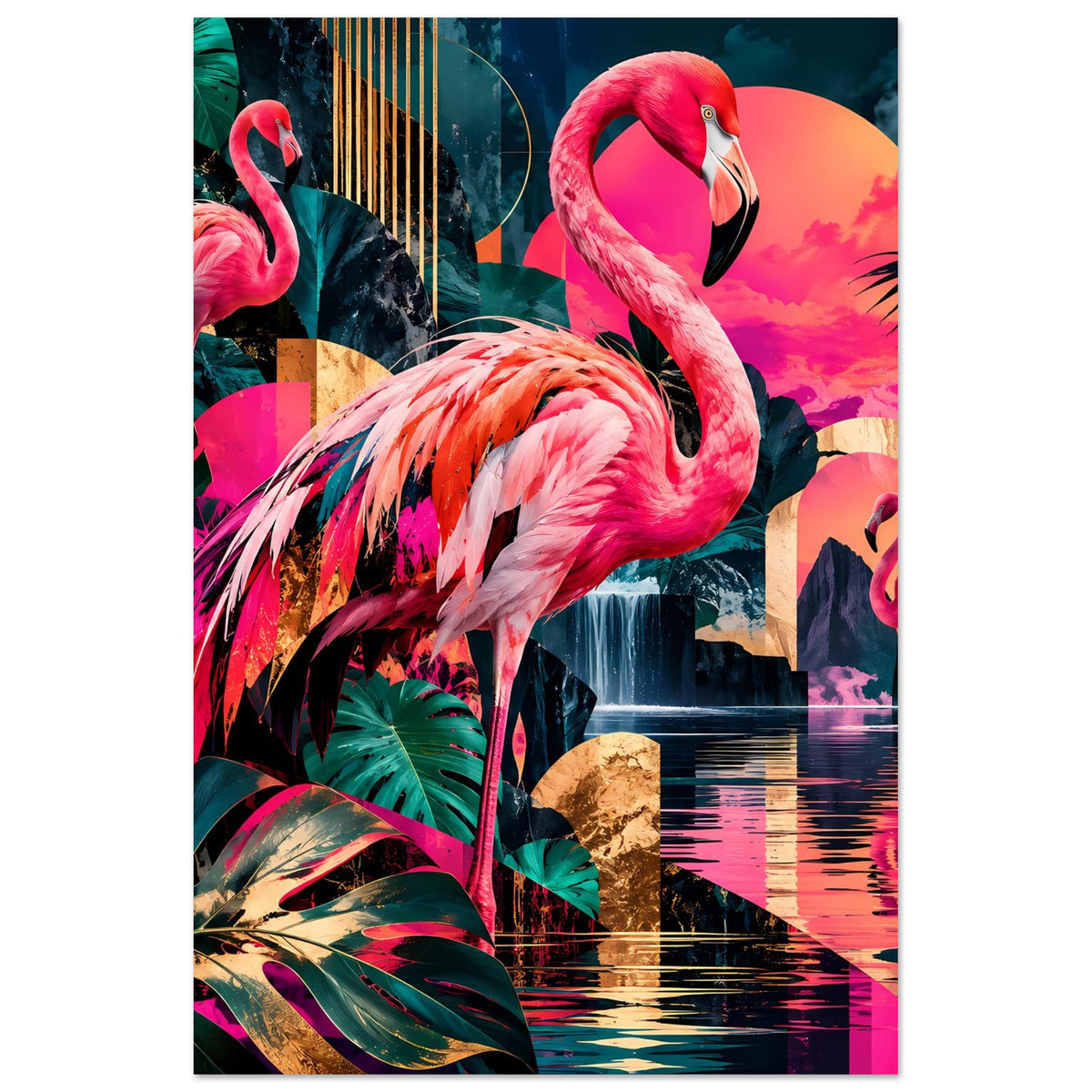 Hochformat-Poster mit zwei Flamingos, bunten Blättern und Reflexionen in Pink und Blau