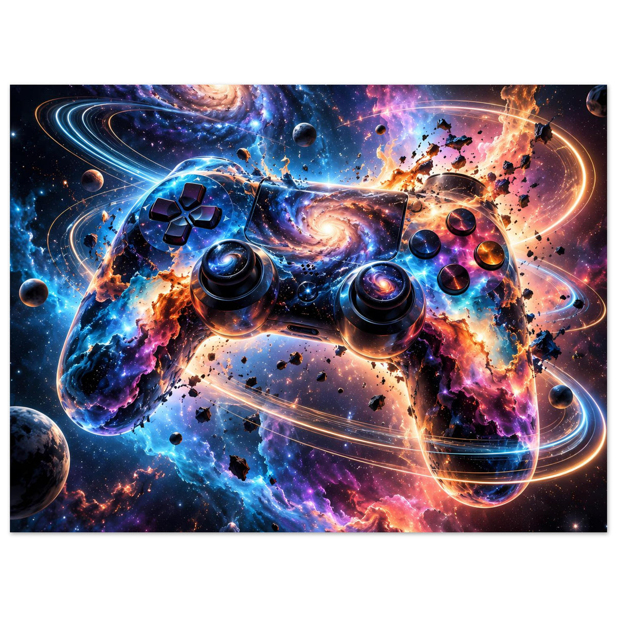 Galaxy-Poster im Querformat mit Gamecontroller-Motiv, bunte Nebel und leuchtende Ringe