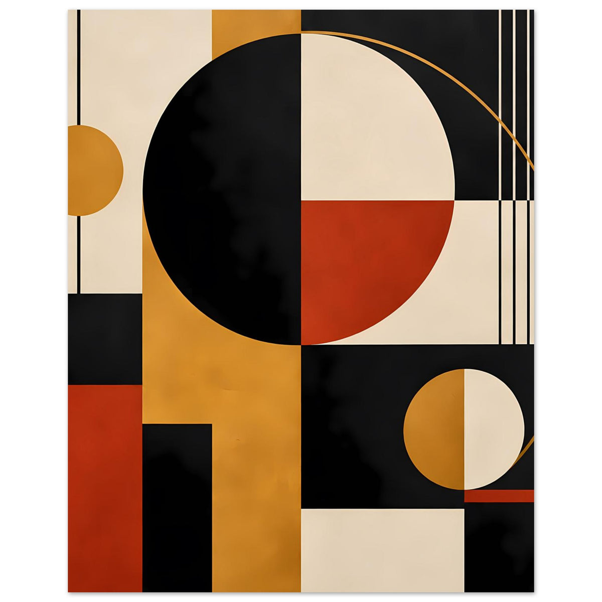 Geometrischer Kunstdruck mit großem Kreis, kleinem Kreis unten rechts und Streifen oben rechts