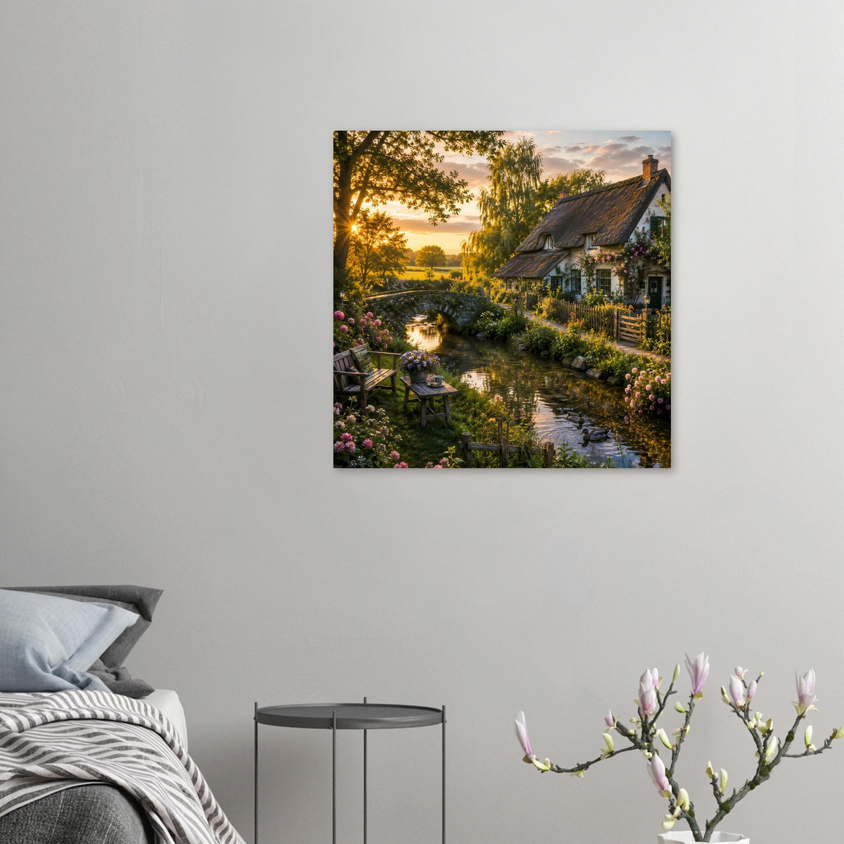 Kleines Landhaus-Poster mit Bach, Steinbogenbrücke, Reetdachhaus und Abendsonne