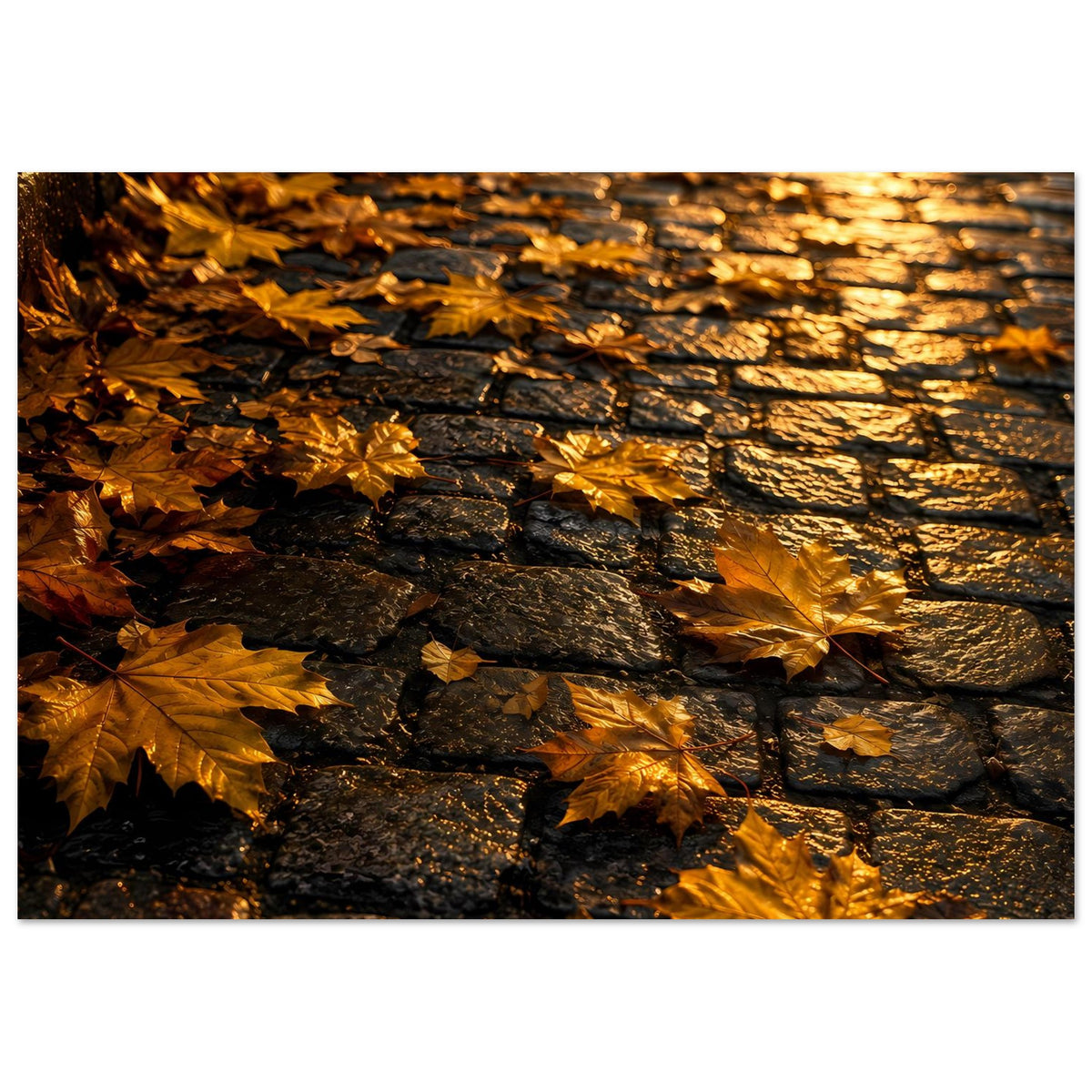Herbstliches Poster: goldene Blätter auf dunkler Steinmauer, Querformat
