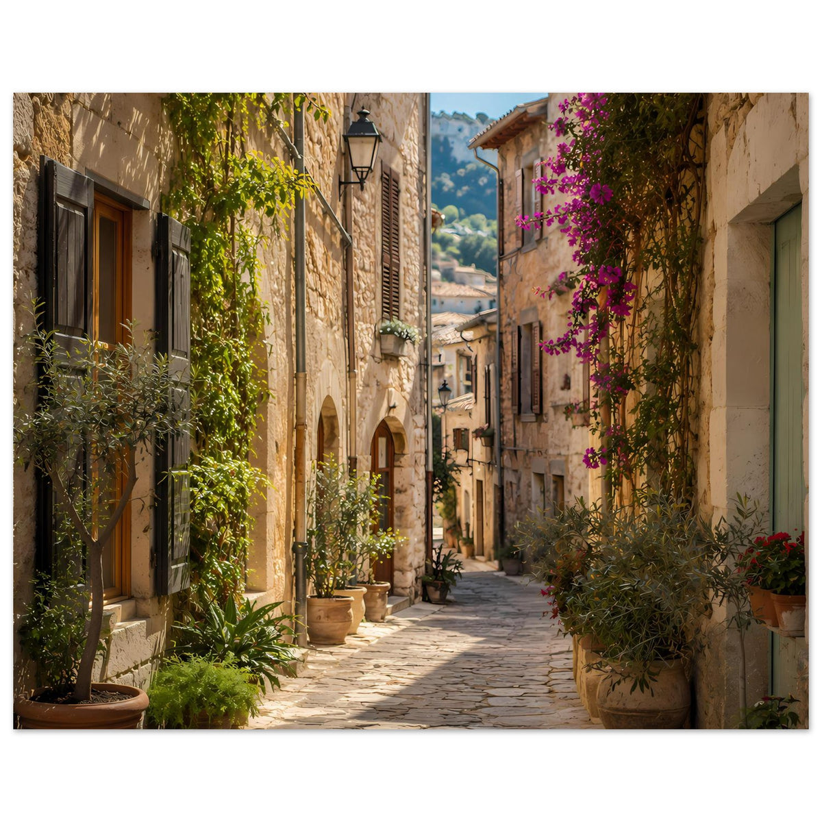 Mediterranes Poster mit Gasse zwischen Steinhäusern und vielen Grünpflanzen, lila Blüten an Mauern