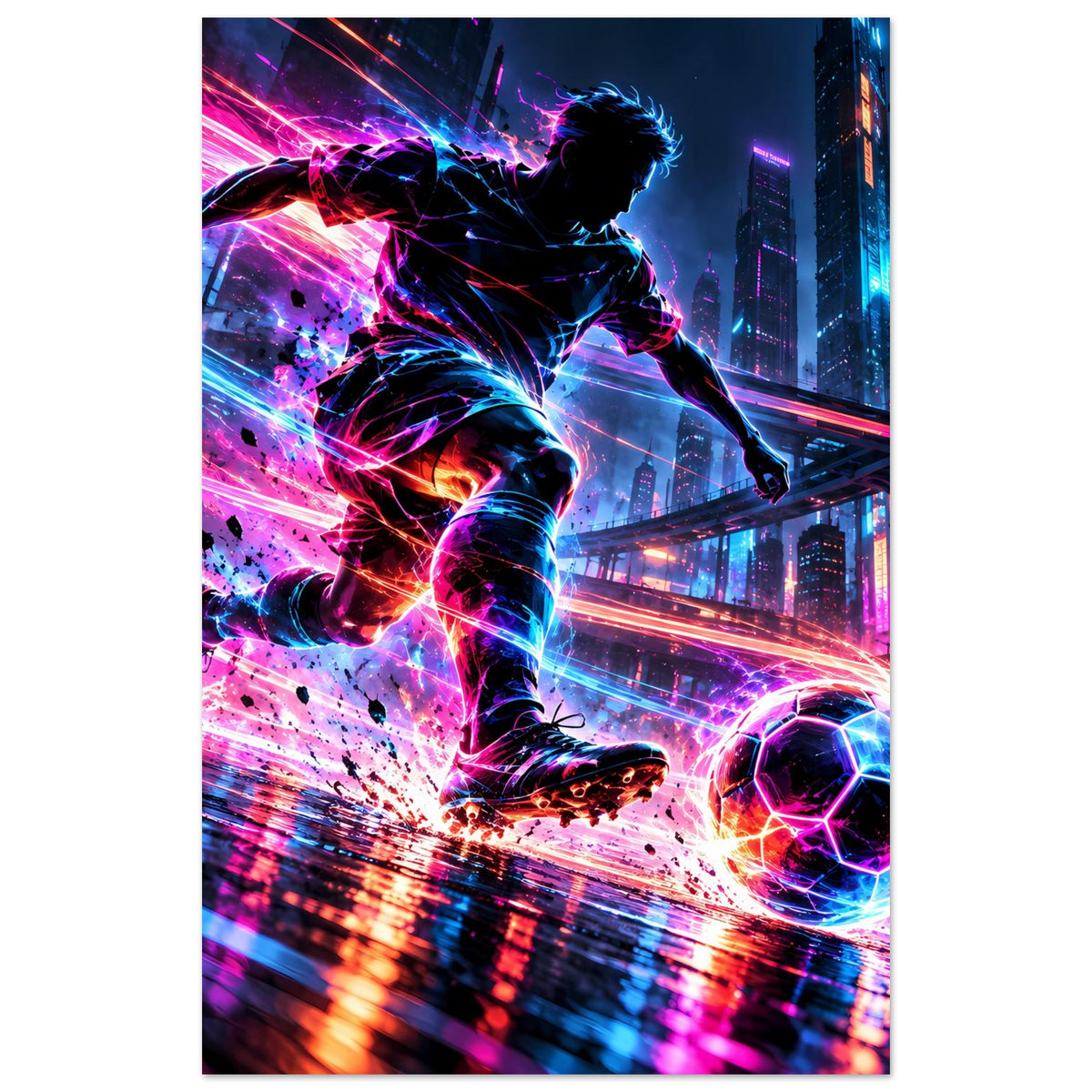 Neon-Fußball-Actionposter mit springendem Fußballer, Neon-Lichtbahnen und Ball