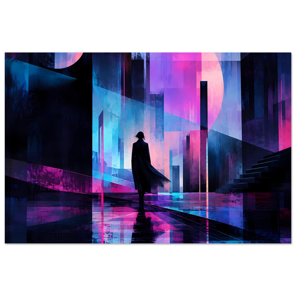 Neon-Nachtstadt-Poster im Querformat: Silhouette mit Umhang vor hohen Gebäuden in Neonfarben