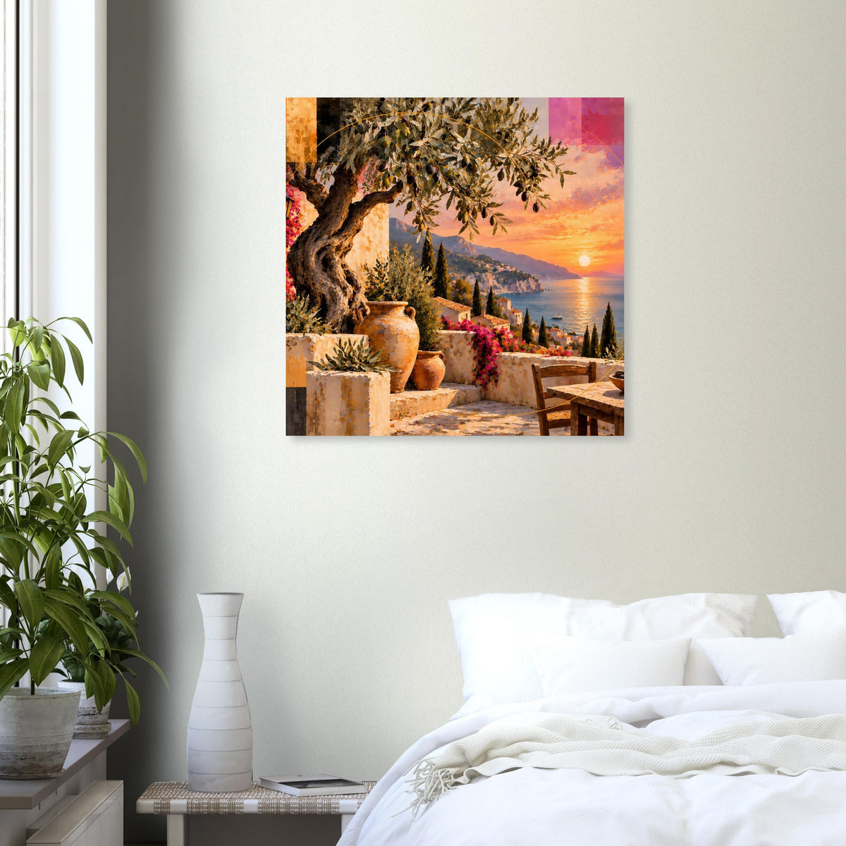 Poster mit Sonnenuntergang über dem Meer, mediterraner Terrasse, Olivenbaum und Holzbänken
