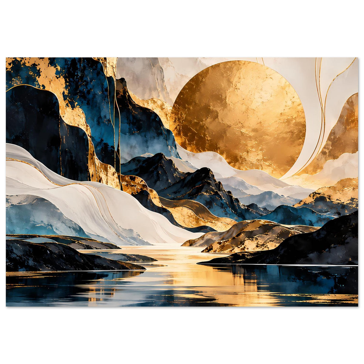 Kunstposter mit abstraktem Tal, goldenen Linien und goldenem Mond über See
