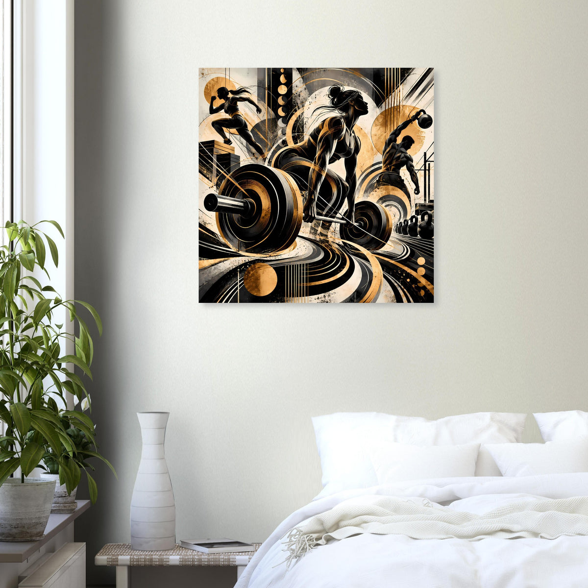 Fitness-Action-Poster mit schwarzen und goldenen Gewichtheber-Figuren und kreisförmigen Linien.