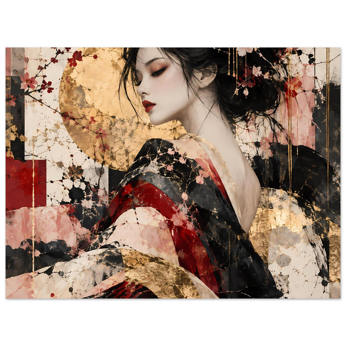 Gerahmter Kunstdruck im Hochformat mit Porträt einer Frau, Blüten-Details, rot-gold und schwarz-weiß.