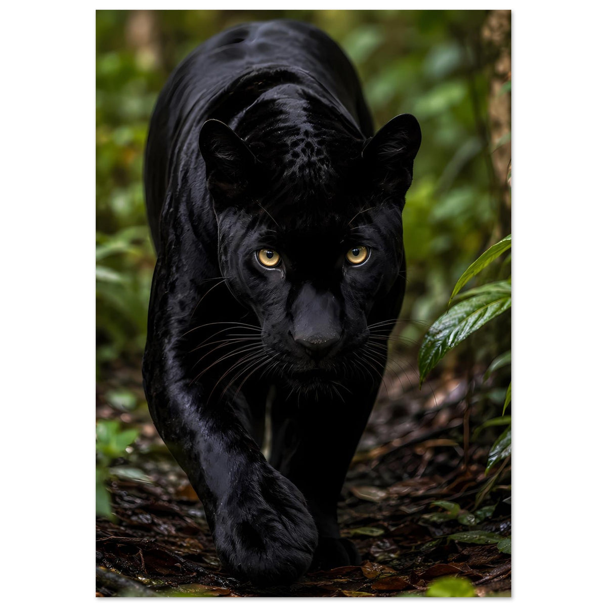 Poster mit schwarzem Panther, Portraitausschnitt im Wald, Kopf und Pfoten vorne