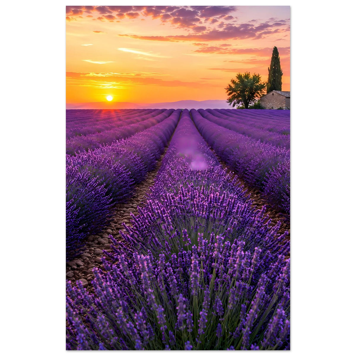 Hochformat-Poster mit violetten Lavendelfeldern, Sonnenuntergang und Kirche rechts