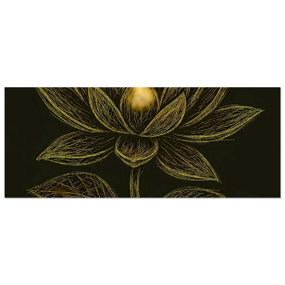 Horizontales Poster mit goldener Lotusblüte und Blättern auf tiefschwarzem Grund