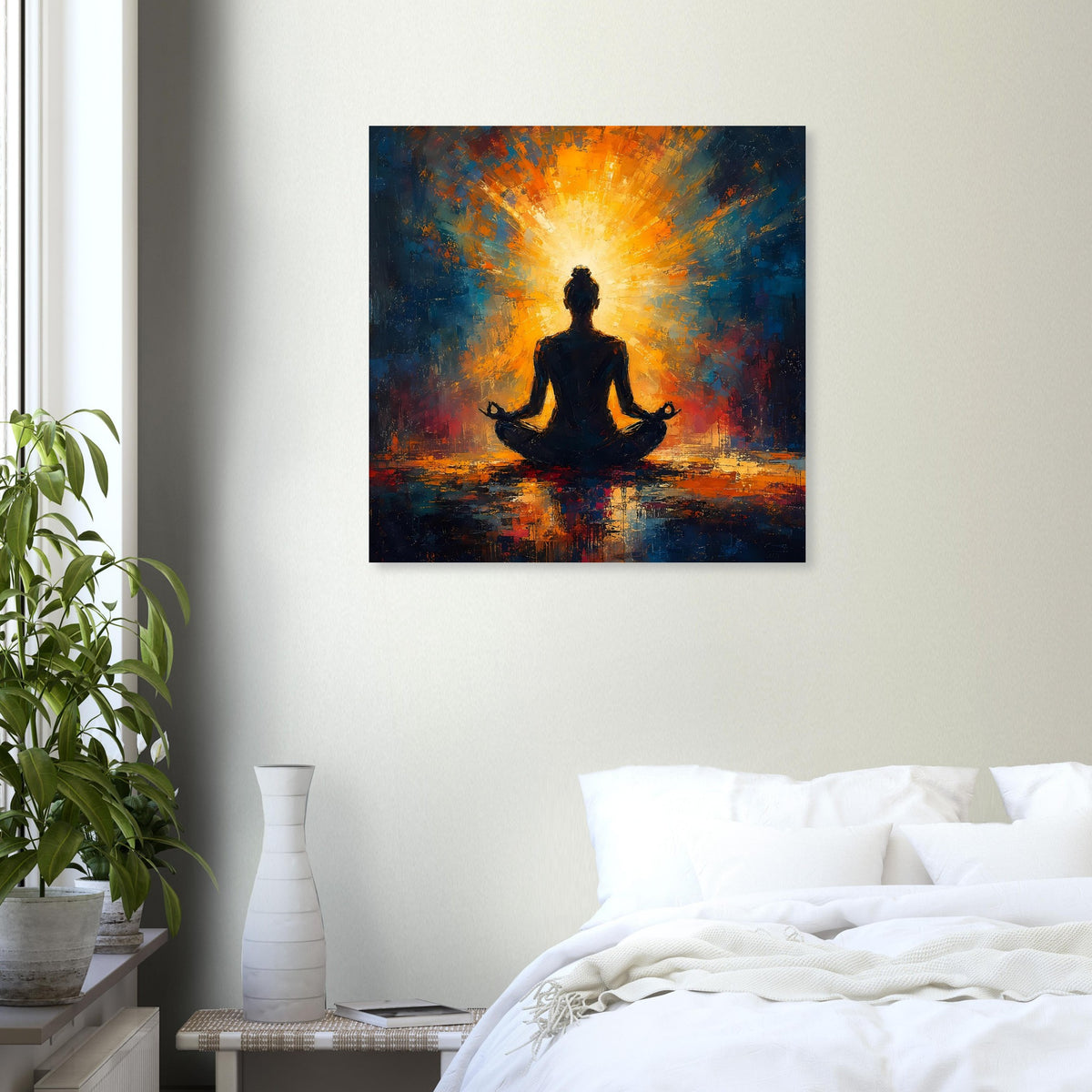 Quadratisches Wandposter: Yogafigur im Sitzen, orange leuchtende Sonne und Wasserreflexion