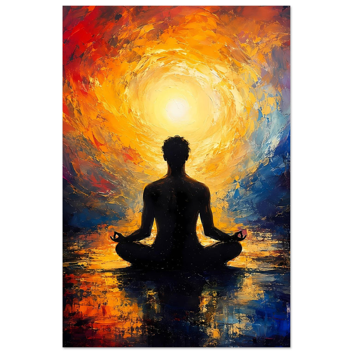 Vertikales Zen-Poster mit Meditationssilhouette, leuchtender Aura und abstraktem Farbwirbel