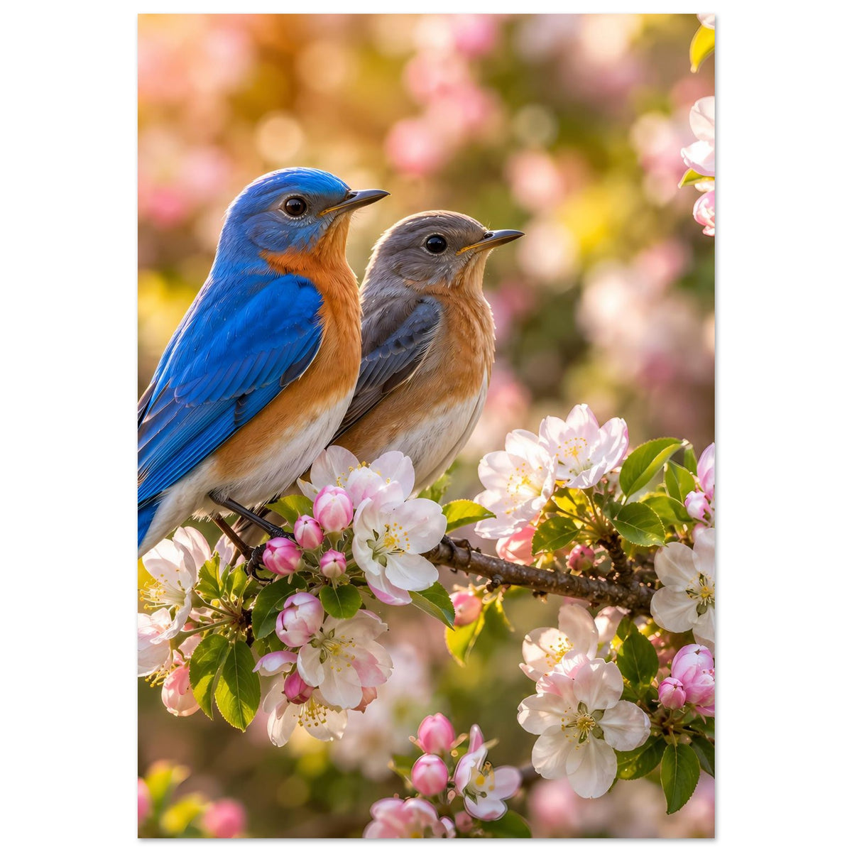 Vertikales Blumen-Poster mit zwei Vögeln auf einem blühenden Ast