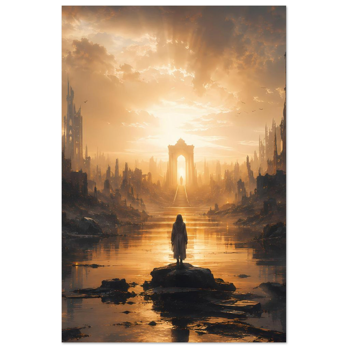 Vertikales Poster mit Fluss und Ruinenstadt, goldener Himmelsschimmerung und zentraler Säule
