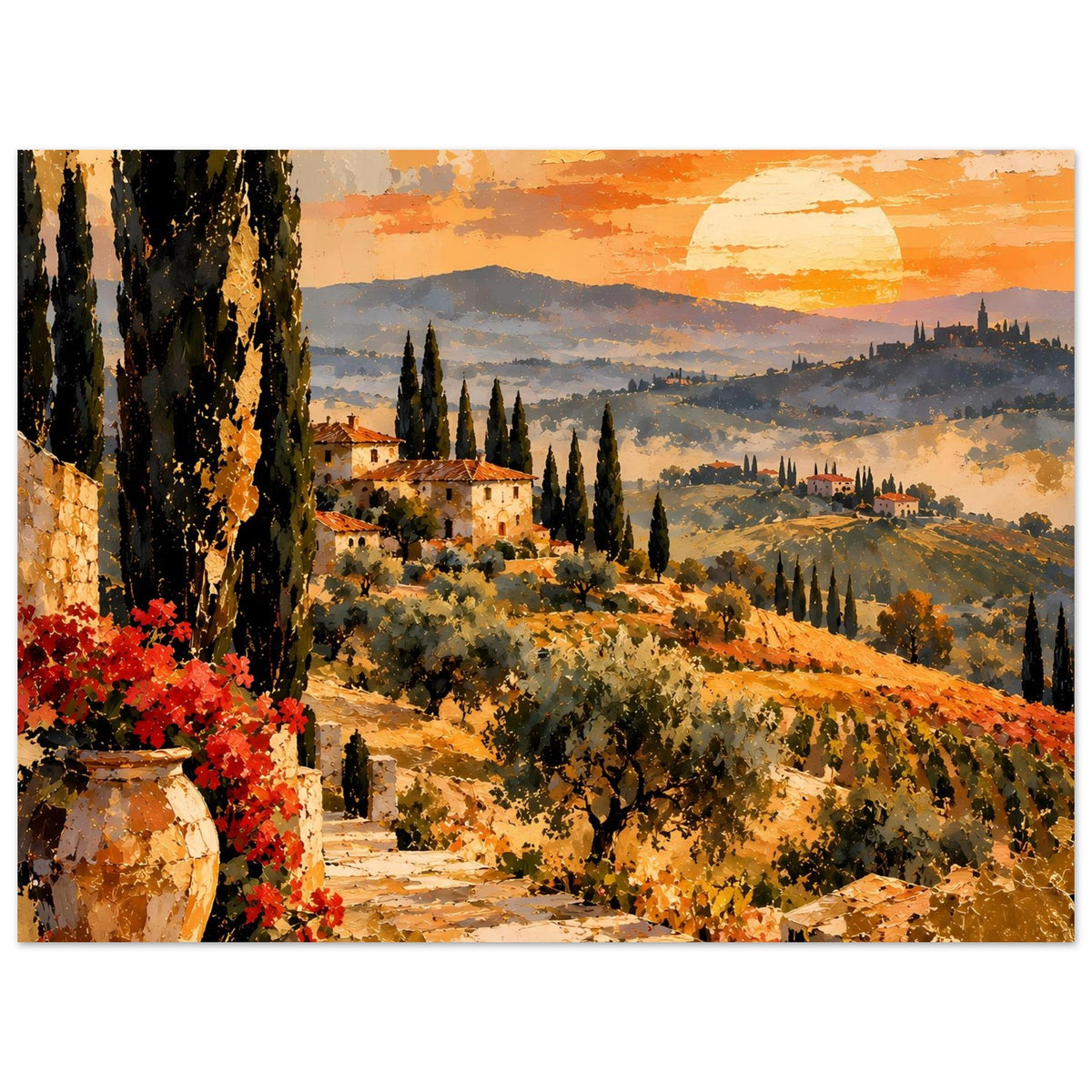 Poster mit Toskana-Landschaft: Zypressen, Hügel mit Weinreben und Abendsonne am Himmel