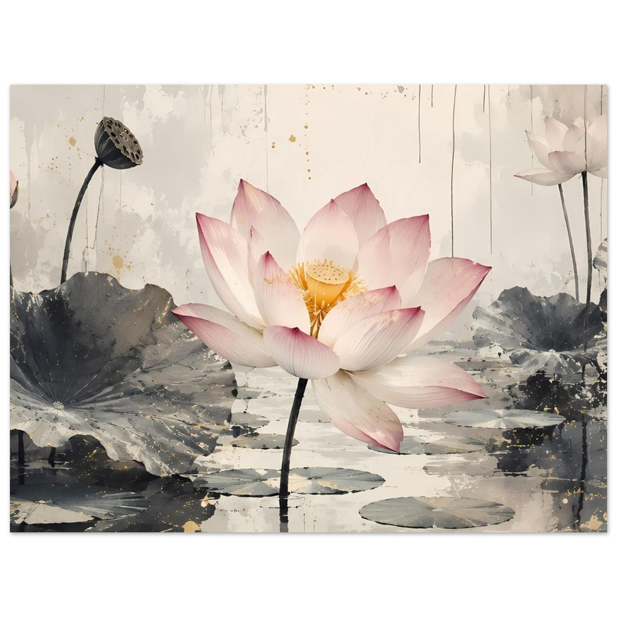 Zen-Poster: große Lotusblüte in Rosa/Weiß, Samenstand links und zweite Blüte rechts