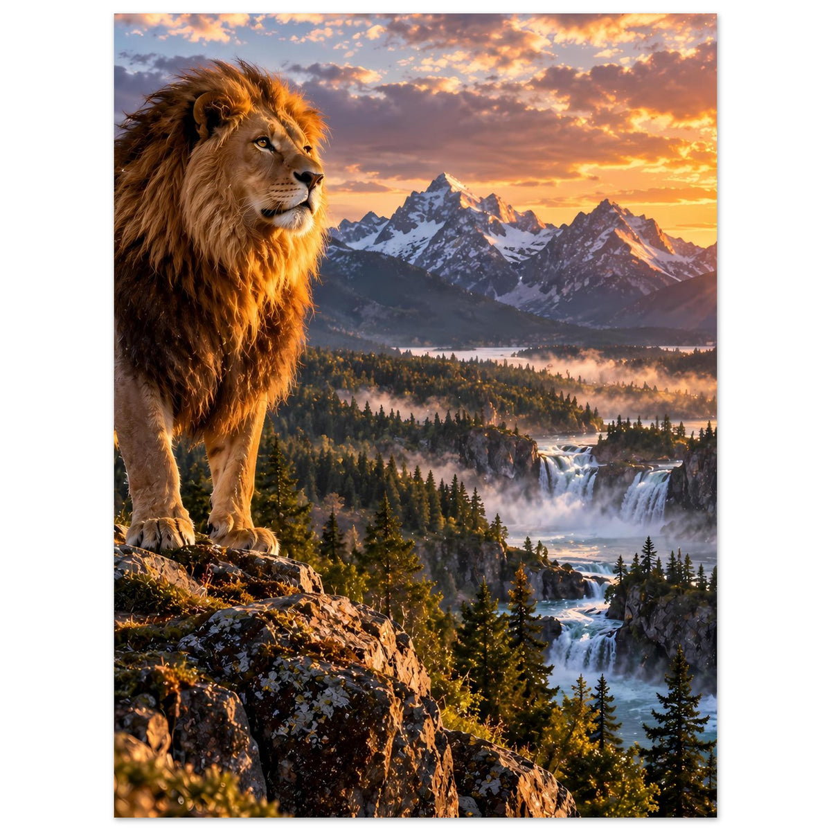 Poster mit Löwe links, Felsrand unten und Bergtal mit Wasserfall bei Sonnenaufgang