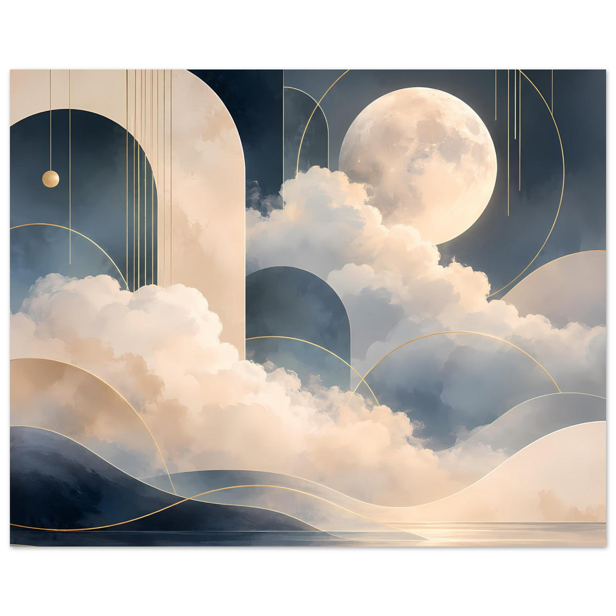 Mondlandschaft-Poster mit hellem Mond, sanften Hügeln, Wolken und goldfarbenen Verläufen
