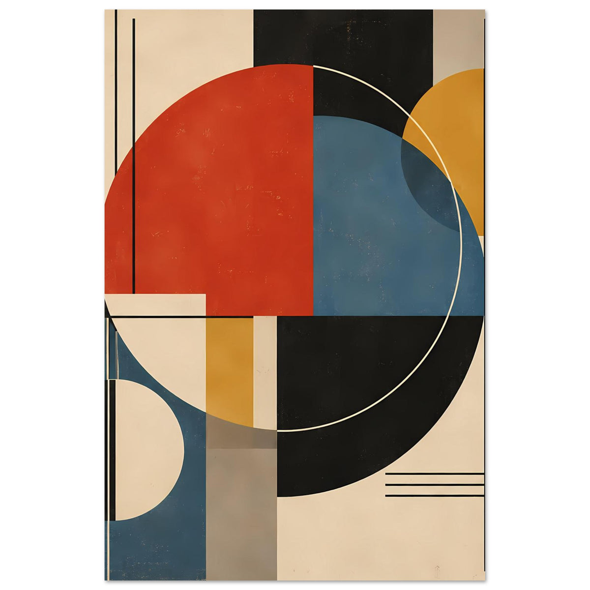 Vertikales Poster im Rahmen: geometrische Kreise, rotes Feld, blau-schwarzer Bogen.