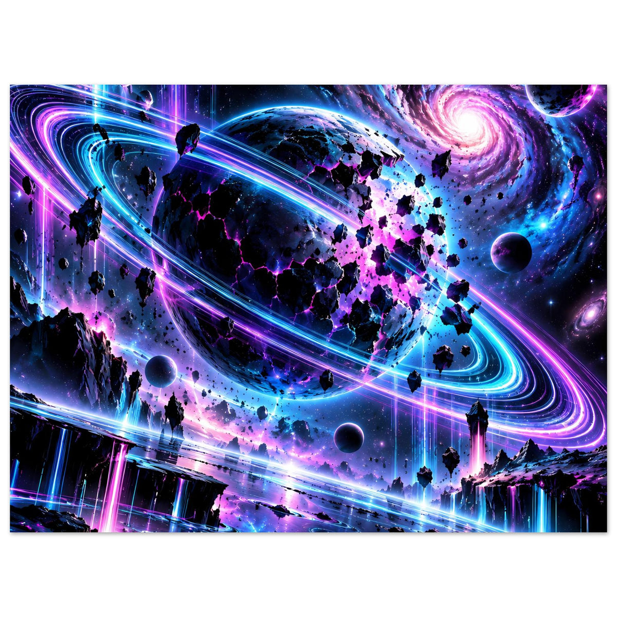 Neon-Galaxie-Poster im Querformat: leuchtende Flugrouten, Planeten und lila/hellblaue Spiralnebel.