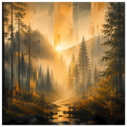 Wandposter mit Sonnenaufgang im Wald, Nebel und Flusslauf zwischen Tannen, rechteckig mit Rahmen
