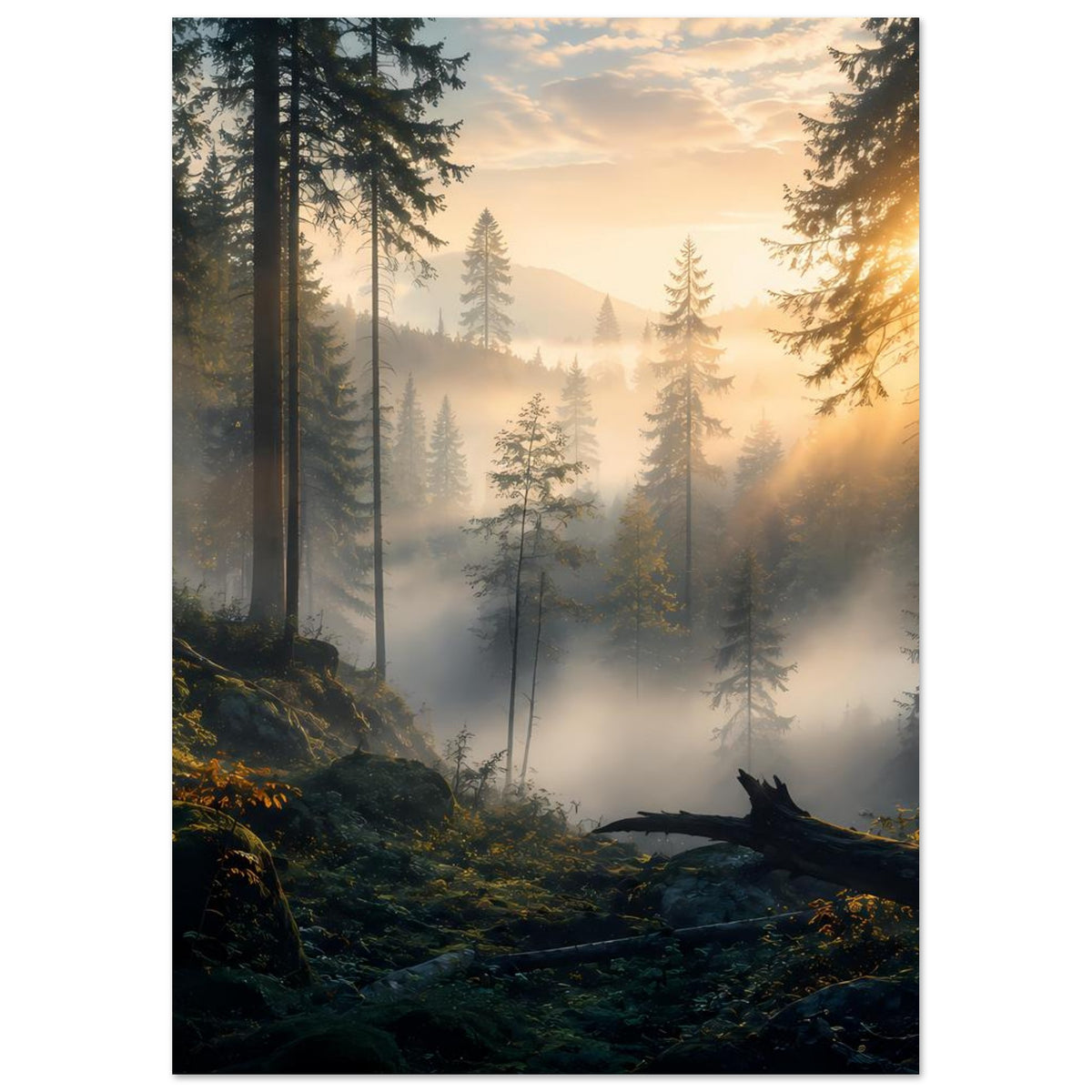 Vertikales Waldposter mit warmem Morgenlicht, Tannen im Nebel und liegendem Holz