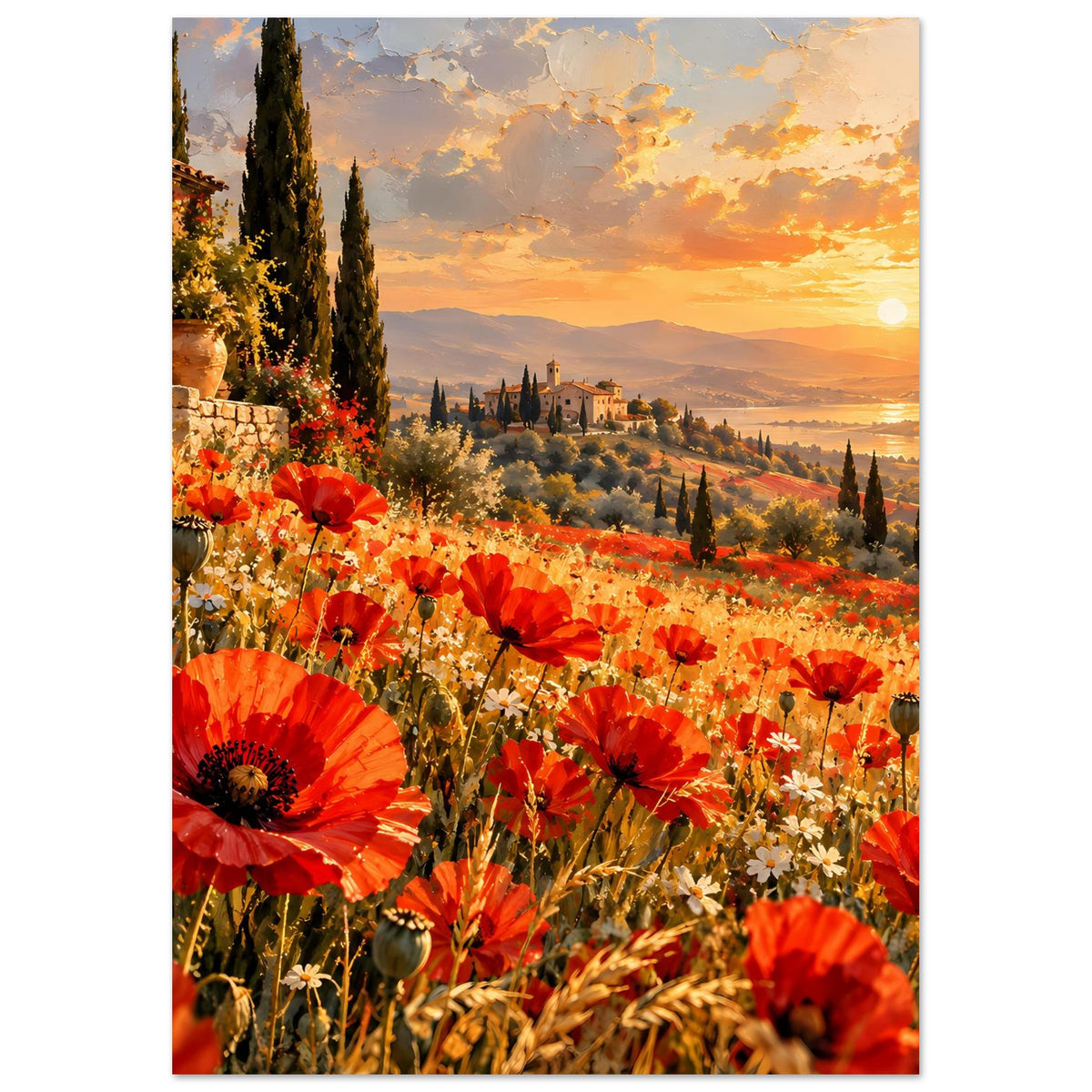 Vertikales Poster mit roten Mohnblumen im Vordergrund und Sonnenuntergang-Landschaft