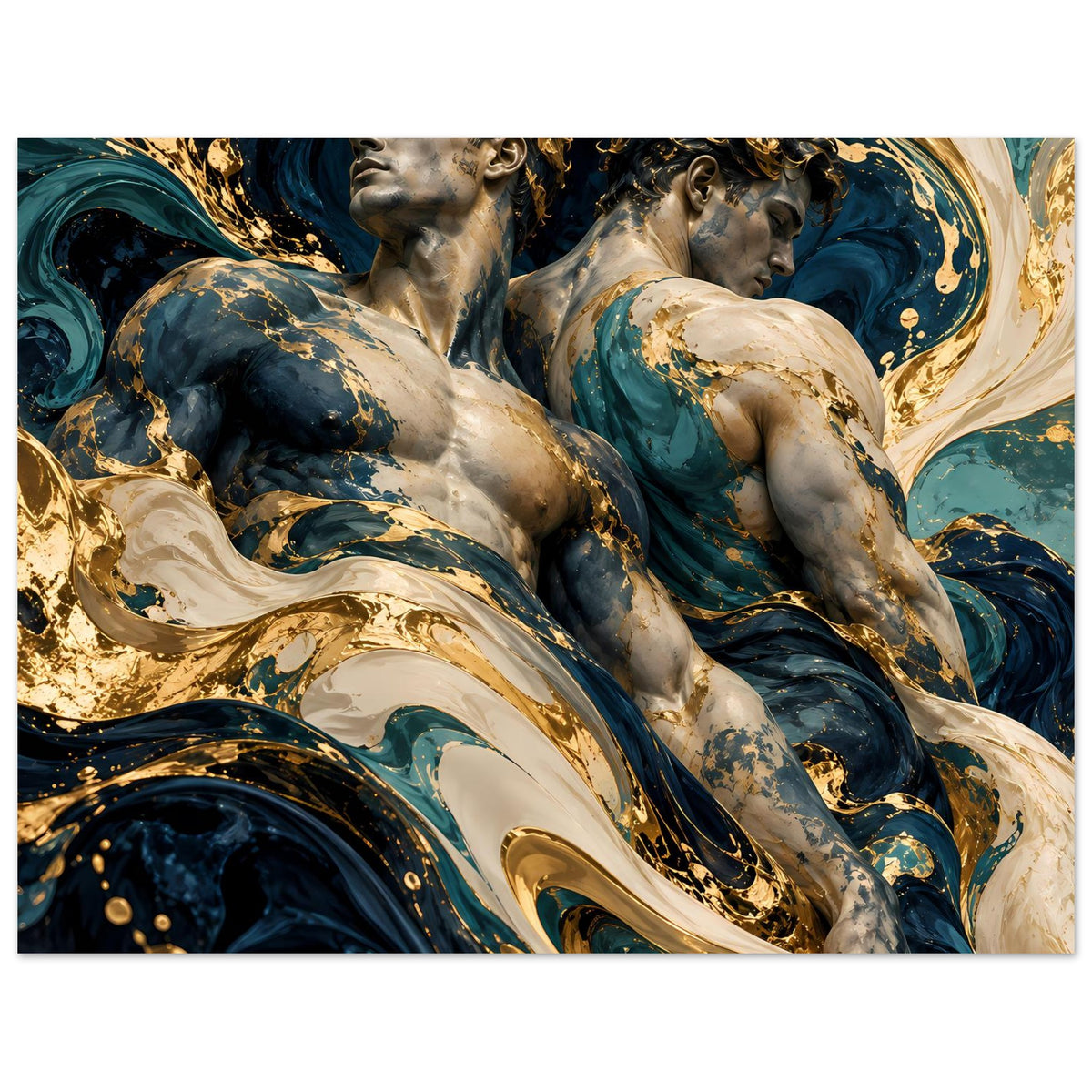 Kunstposter im Querformat: zwei Frauenfiguren in Blau-Creme mit goldenen Akzenten und Wirbeln