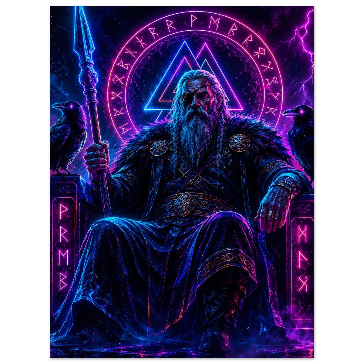 Fantasy-Poster: Wikingerkönig mit Bart und Schwert, neonfarbene Dreiecks-Aura, Runenkranz